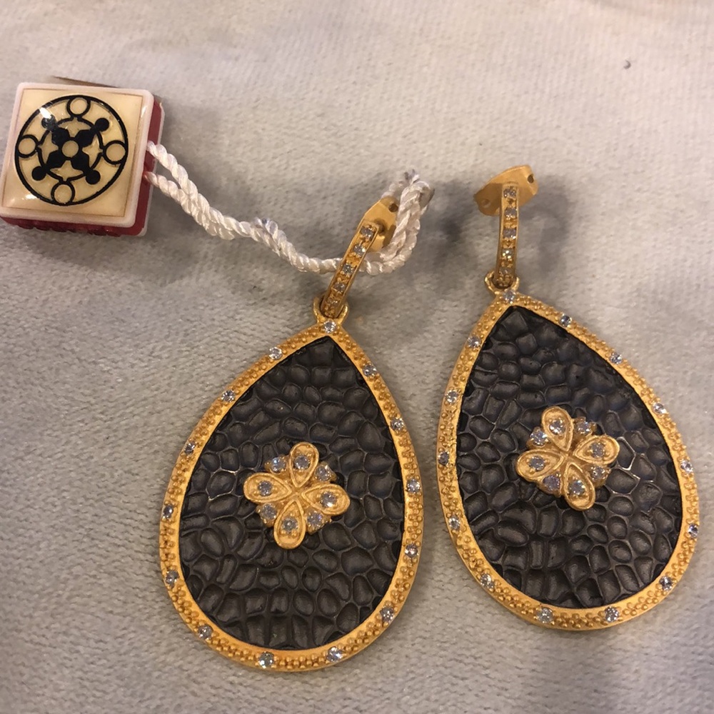 Gold-Trim Black Teardrop Drop Earrings with Crystal Accents